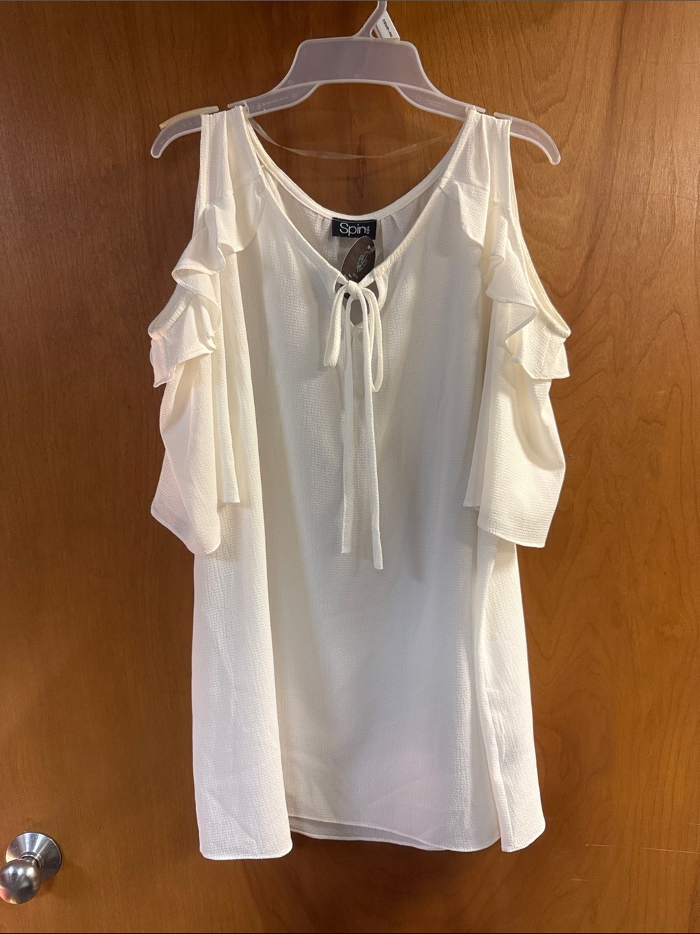 White Cold-Shoulder Ruffle Tie-Front Women's Top